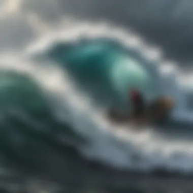 A serene representation of the fishermen struggling against the wave