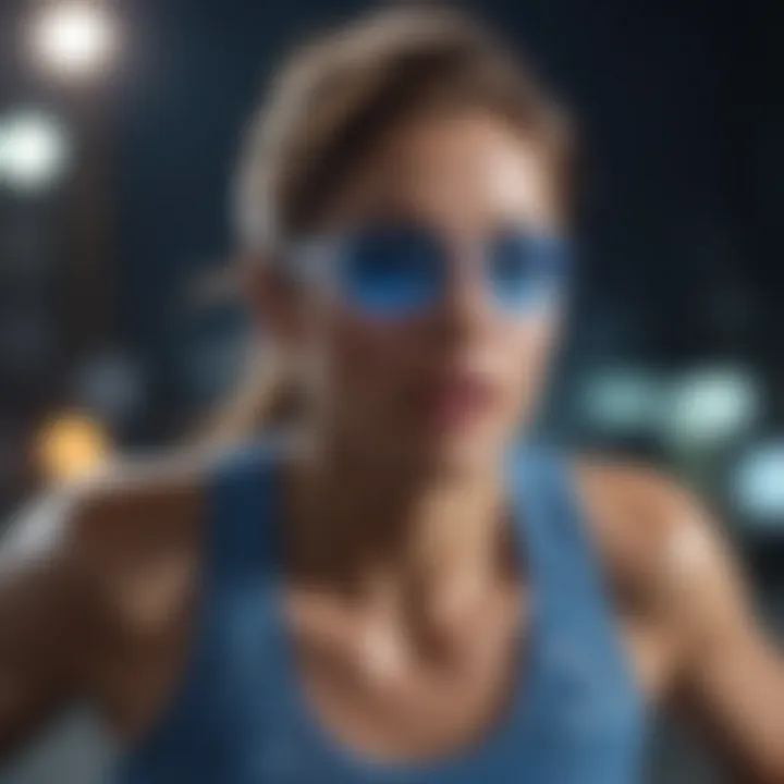 A runner in motion with clear blue light glasses