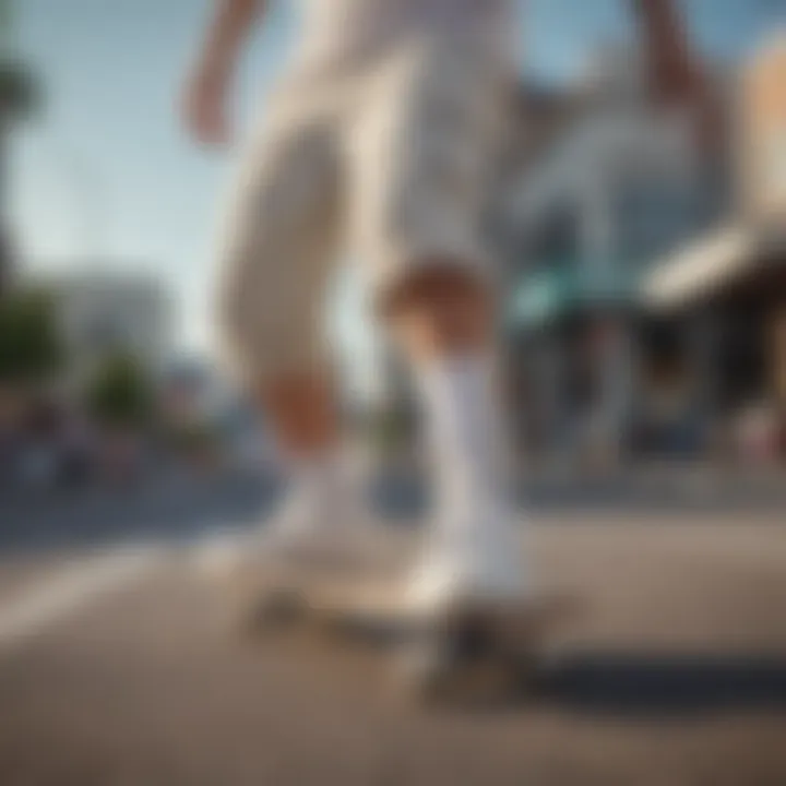 Skateboarder performing a trick wearing white Janoskis