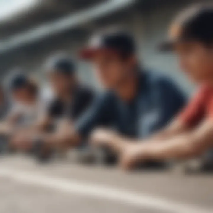 A group of extreme sports enthusiasts wearing adidas snapbacks at a skate park.