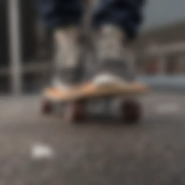 Close-up of a skateboarder’s feet on the board during a trick