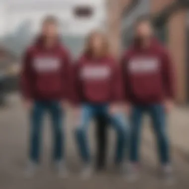 Group of friends in urban setting wearing the maroon Vans sweatshirt, emphasizing community