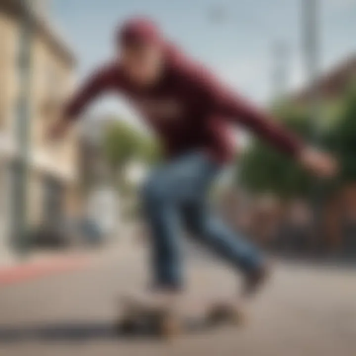 Action shot of a skateboarder wearing the maroon Vans sweatshirt in a dynamic pose