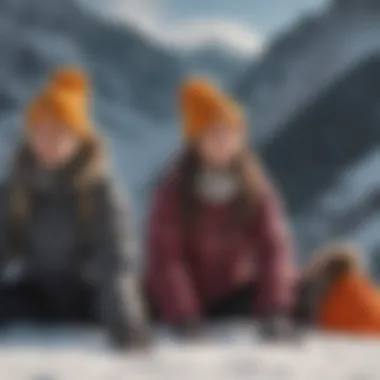 A group of athletes wearing pom beanies during an extreme sports event in a snowy landscape.