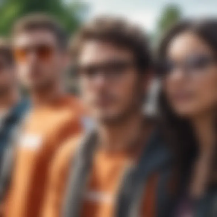 A group of friends at an outdoor event, all wearing fake square glasses, illustrating community and identity.