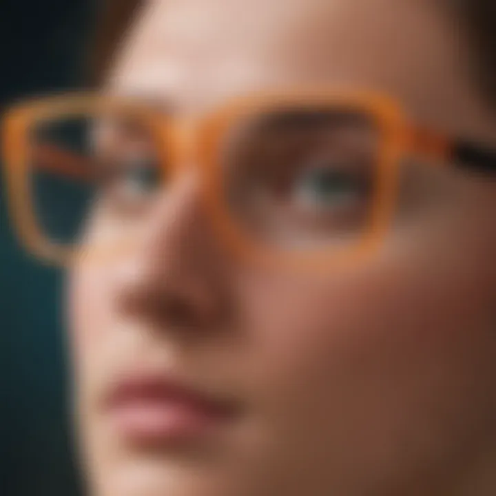 A close-up of stylish fake square glasses on a colorful background, showcasing their design.