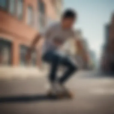 An extreme sports enthusiast wearing fake square glasses while riding a skateboard in an urban environment.