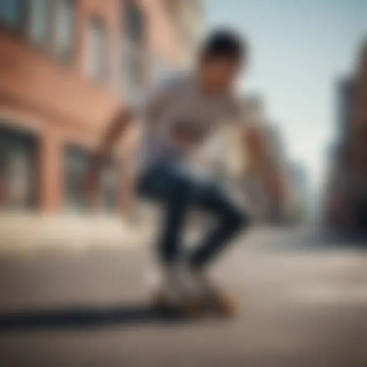 An extreme sports enthusiast wearing fake square glasses while riding a skateboard in an urban environment.