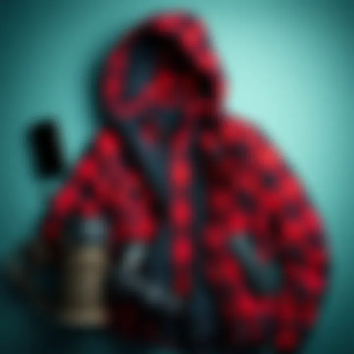 A stylish flat lay of the red and black plaid jacket paired with essential outdoor gear.