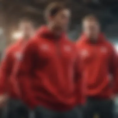 Group of extreme sports enthusiasts wearing the red champion pullover while engaging in activities.