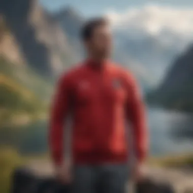 A red champion pullover displayed against a backdrop of breathtaking natural scenery.