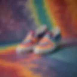 Colorful tie dye Vans slip-ons showcased against a vibrant backdrop.