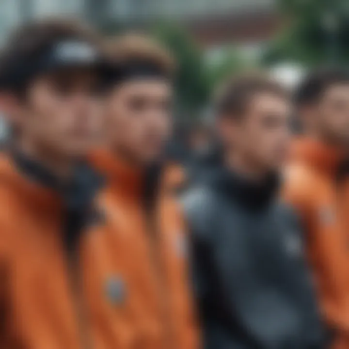 Group of extreme sports enthusiasts wearing Naruto windbreakers at an outdoor event.