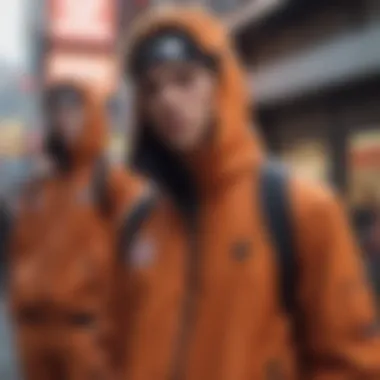 Stylish urban setting with individuals wearing Naruto windbreakers, highlighting cultural influence.