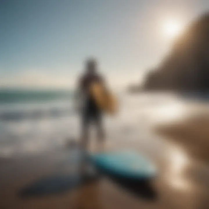 A surfer preparing equipment in a serene coastal setting