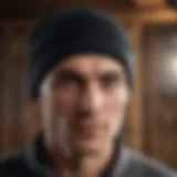 A stylish slouchy beanie displayed on a rustic wooden surface