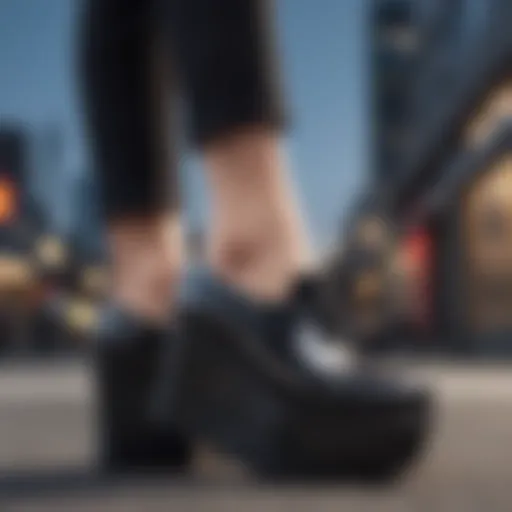 Close-up view of black slip-on platform shoes showcasing unique design elements