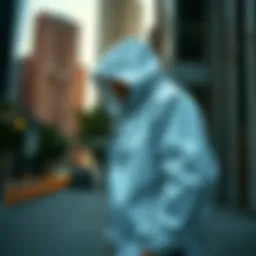 A stylish white windbreaker jacket displayed against an urban backdrop