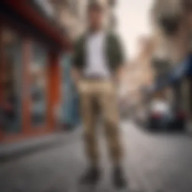 A model wearing baggy chinos in a dynamic street setting, reflecting urban fashion trends.