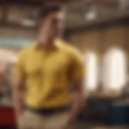 Stylish yellow short sleeve dress shirt paired with tailored trousers.
