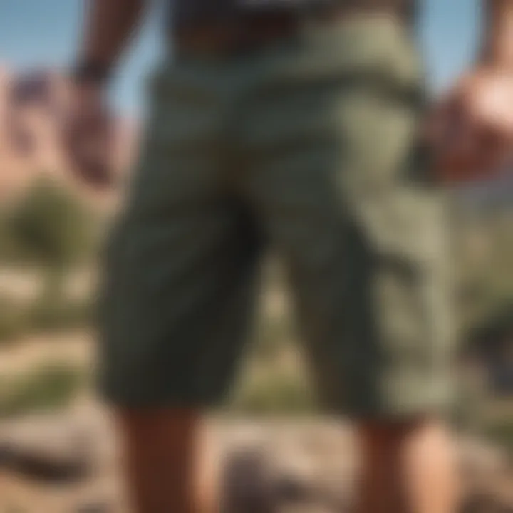 Camouflage cargo shorts worn during outdoor activities