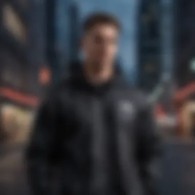 Stylish black zip up windbreaker displayed against an urban backdrop