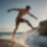 Dynamic athlete performing a high jump in brown board shorts at a surf competition