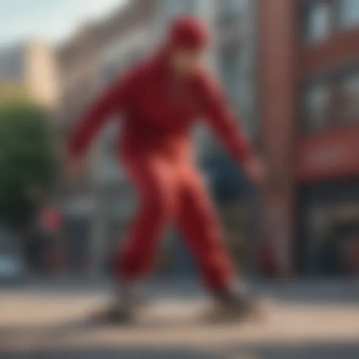 Skateboarder performing a trick while wearing red fleece sweatpants.