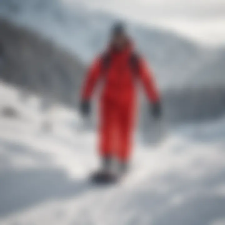 Snowboarder navigating a snowy slope in red fleece sweatpants.