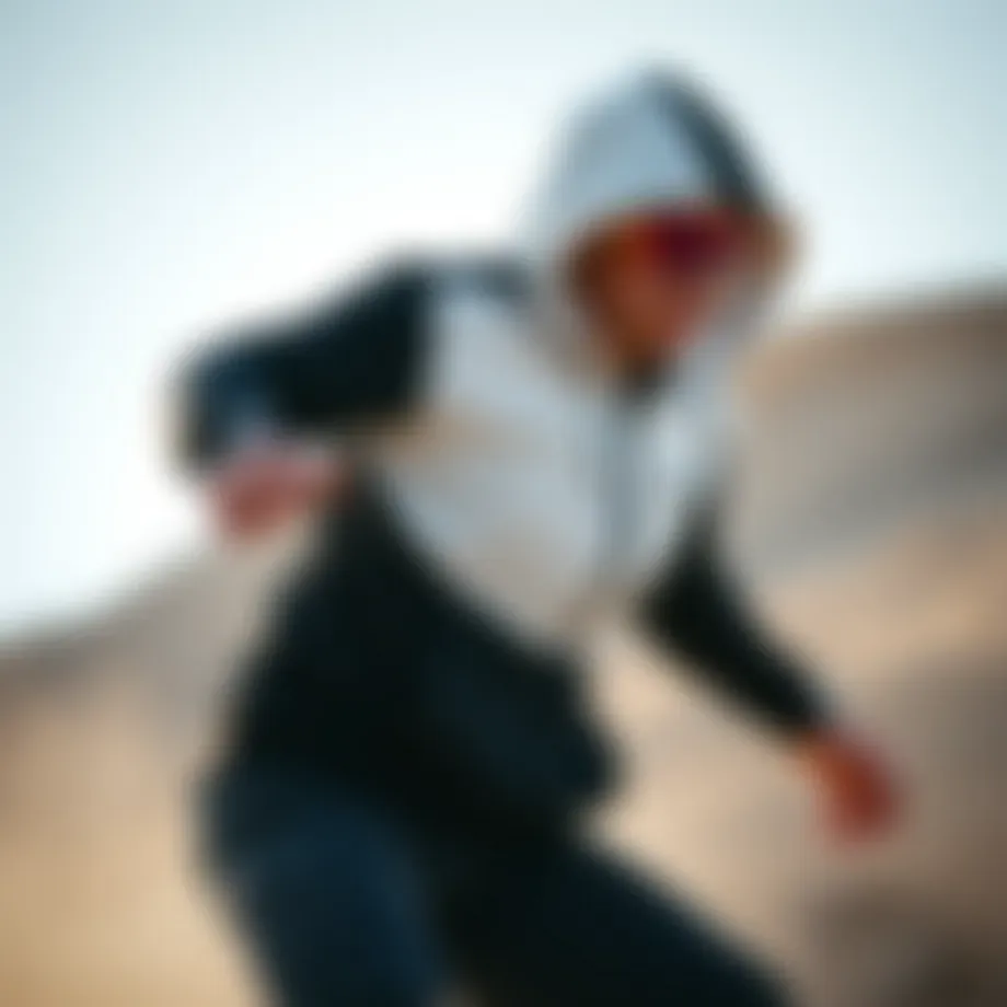 Dynamic athlete showcasing the black and white zip-up hoodie in action