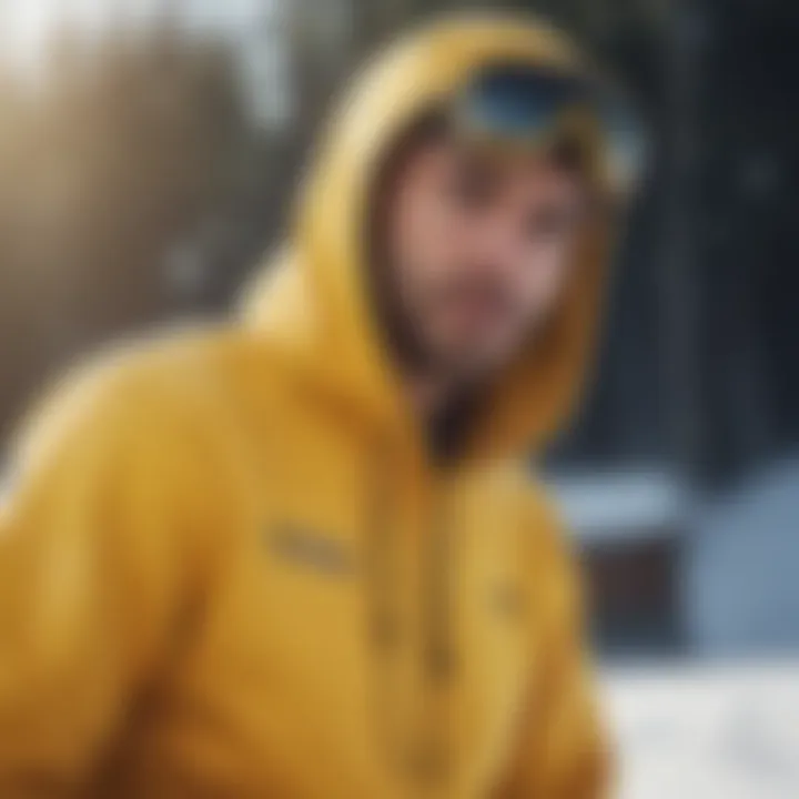 Dynamic athlete showcasing the versatility of a yellow hoodie during a snowboarding run