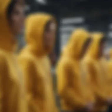 Group of extreme sports enthusiasts wearing yellow hoodies, showcasing community and camaraderie