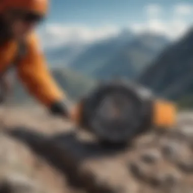 Extreme sports enthusiast using Timex watch while climbing a mountain