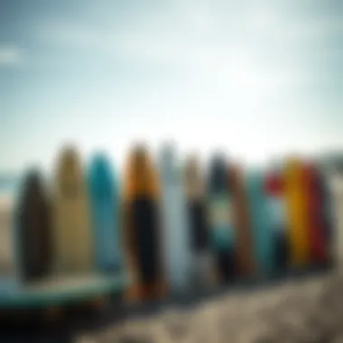An array of Torq surfboards displayed on a beach setting
