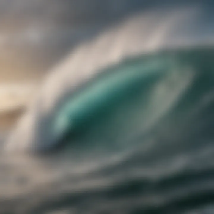 A breathtaking view of towering surf waves crashing against the shore