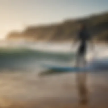 A serene beach setting with efoil surfers enjoying the waves, illustrating the sport's growing popularity.