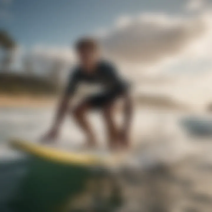 Close-up of a surfer using a foam short board, demonstrating its buoyancy in the water.