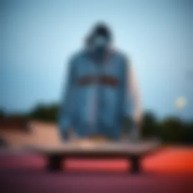 An artistic shot of a grey graphic zip-up hoodie hanging on a skateboard