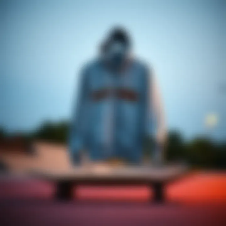 An artistic shot of a grey graphic zip-up hoodie hanging on a skateboard