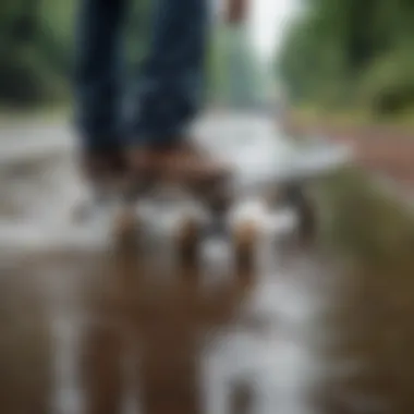 Skater losing balance due to environmental factors like wet terrain