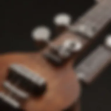 Close-up of a ukulele showing standard tuning pegs