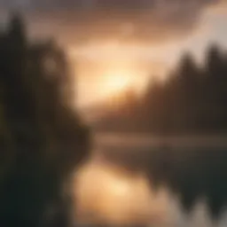 A serene lake at dawn with a stand-up paddleboarder gliding across the water