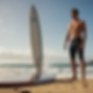 Illustration of a surfer measuring their height and weight to determine the right board size.