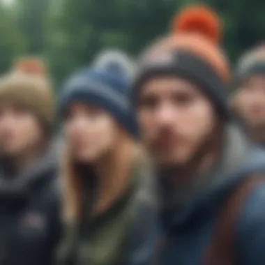 Group of enthusiasts wearing anime beanies at an outdoor event, representing community and culture