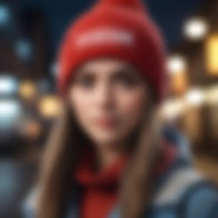 Trendy individual styling an anime beanie in an urban setting, merging fashion with personal expression