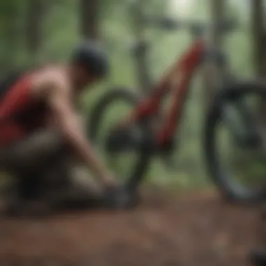 Mountain biker performing maintenance on a trail