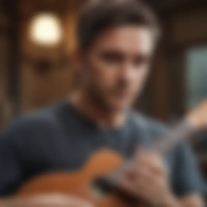 A musician tuning a ukulele using an electronic tuner