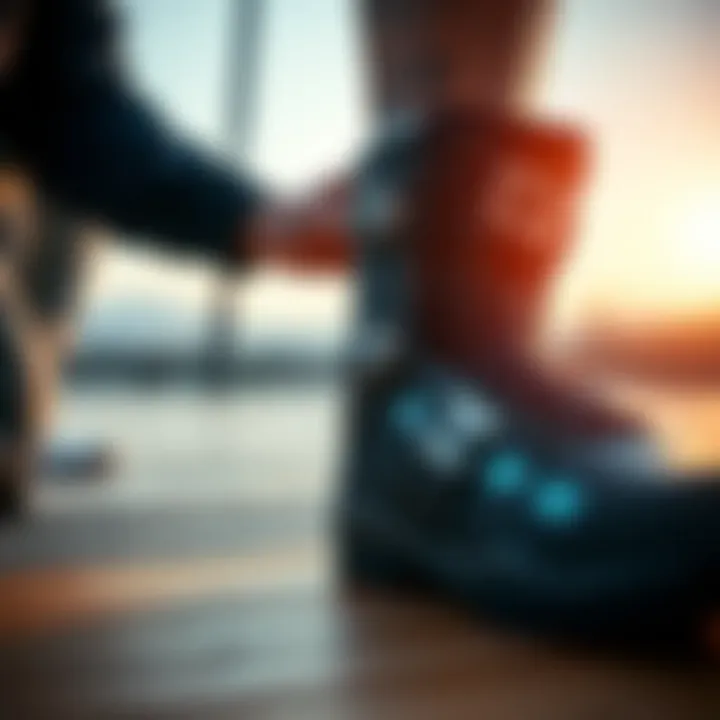 Proper Fitting of Wakeboard Boots Close-up of wakeboard boot fitting on a foot