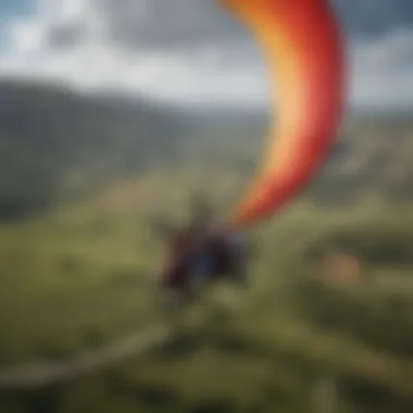 A paraglider soaring above a landscape during turbulent winds