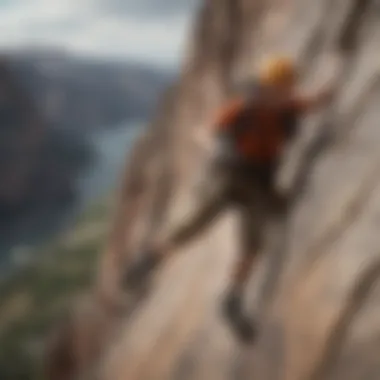 A rock climber bracing against a gusty breeze on a cliff